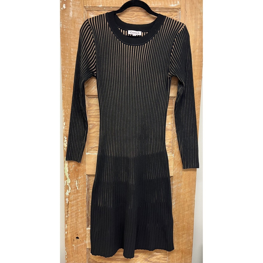 Nanette Lepore Ribbed Knit Sweater Dress M Black Tan Capsule Academia Preppy Mod